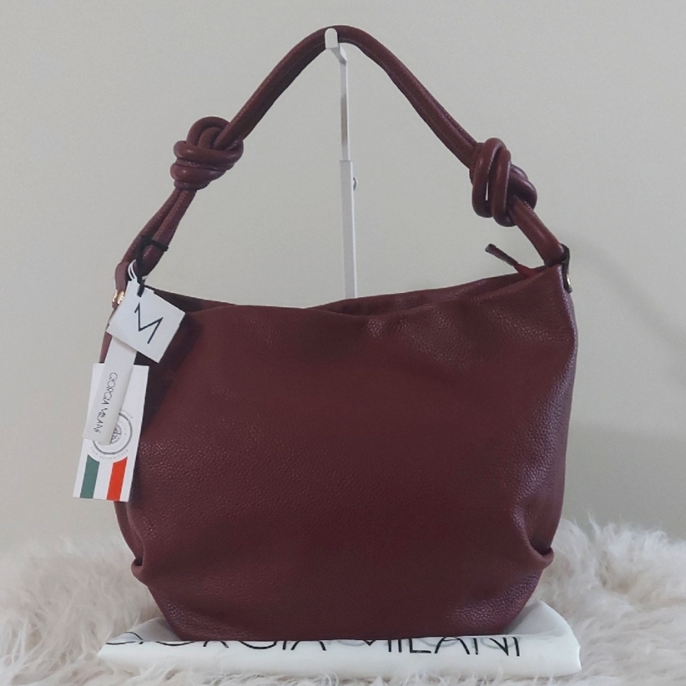 Burgundy Hobo Shoulder Bag with Knotted Strap
